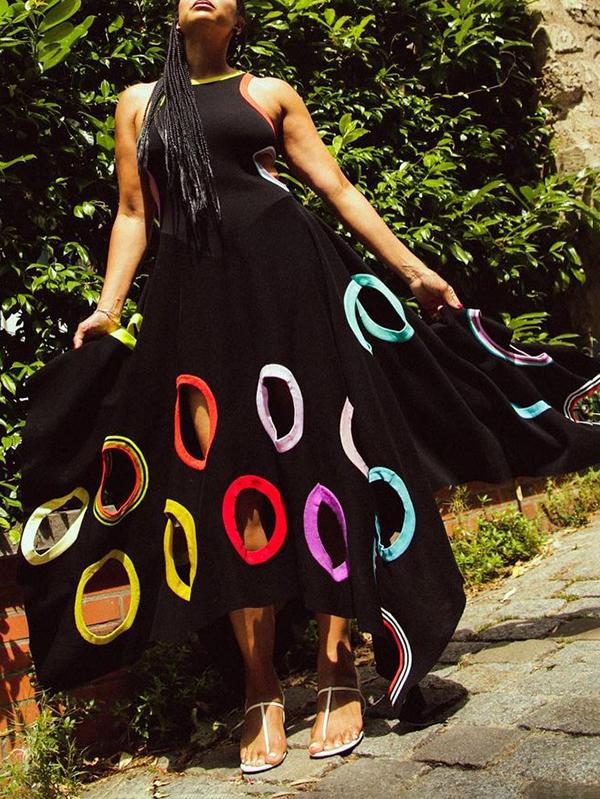 A-Line High Waisted Contrast Color Hollow Round-Neck Maxi Dresses Product Image