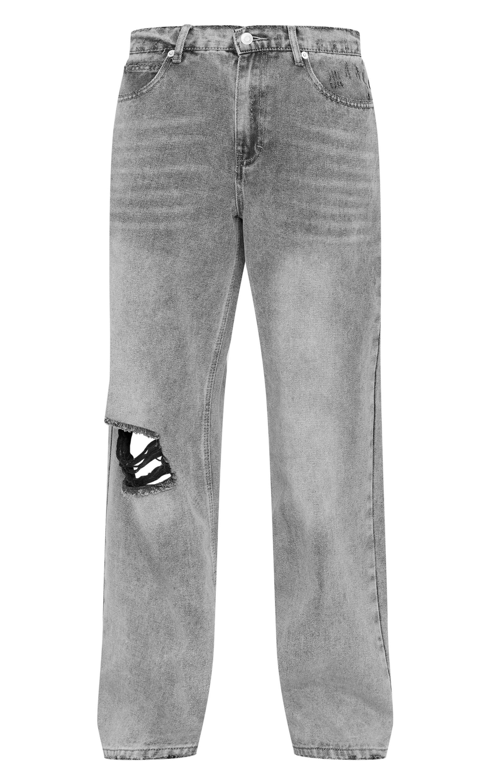 Grey Ripped Knee Frayed Hem Boyfriend Jeans Product Image