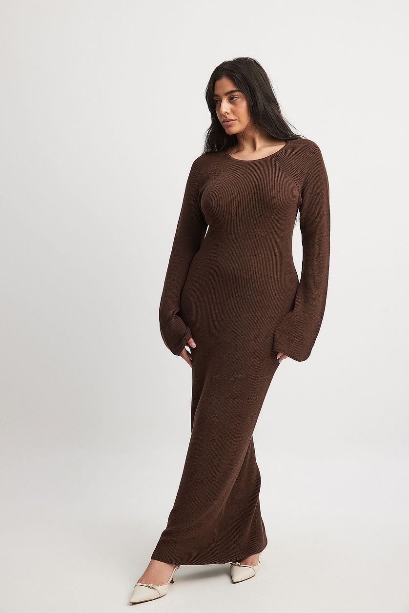 Open Back Lace Detail Knitted Maxi Dress Beige Product Image