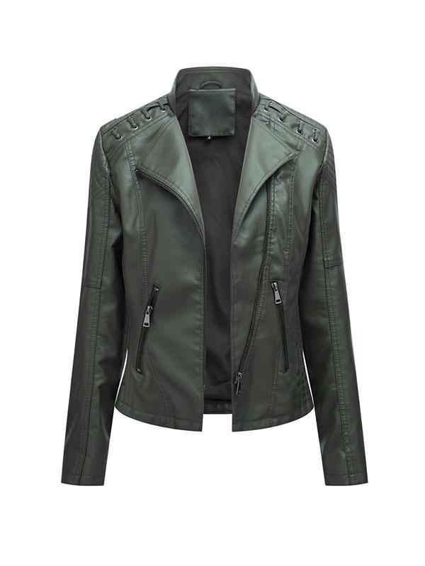 Long Sleeves Split-Joint Zipper Mock Neck PU Jackets Outerwear Product Image