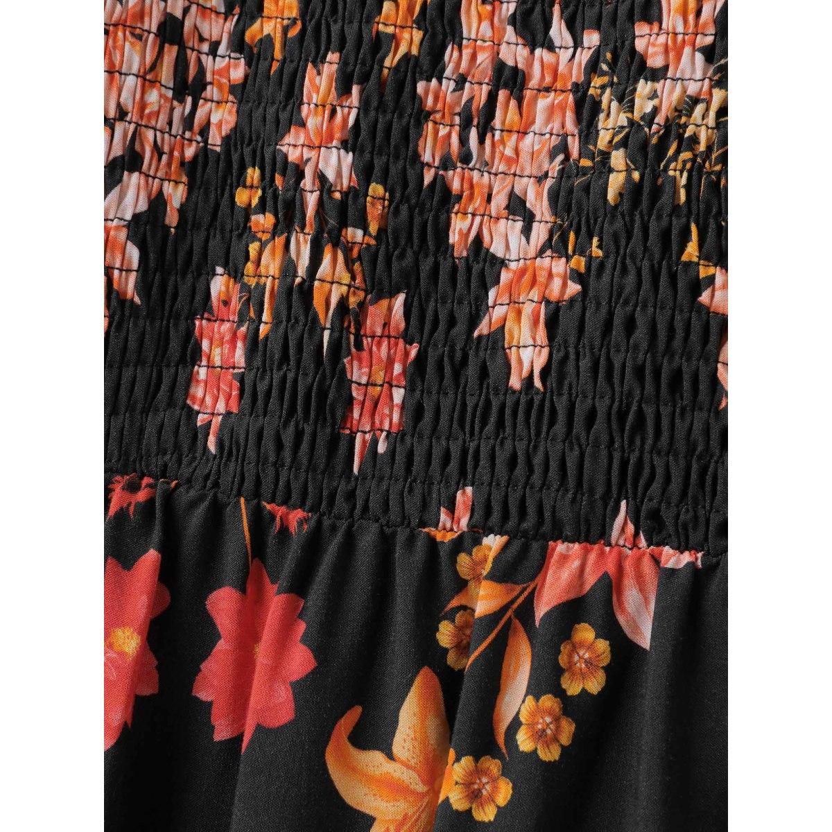 Plus Size Floral Print Lace Trim Shirred Maxi Dress BlackFlower Women Boho Woven ribbon&lace trim Square Neck Elbow-length sleeve Curvy BloomChic 26/4X Product Image