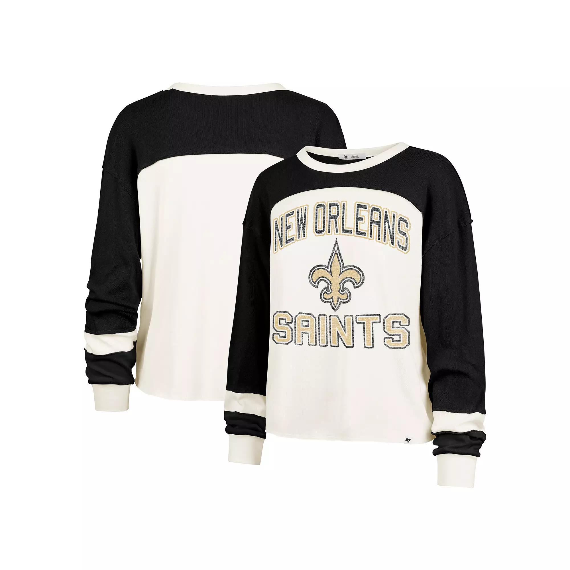Women's '47 Cream New Orleans Saints Double Header Curve Raglan Long Sleeve Crop Top, Size: Large, Beige Product Image
