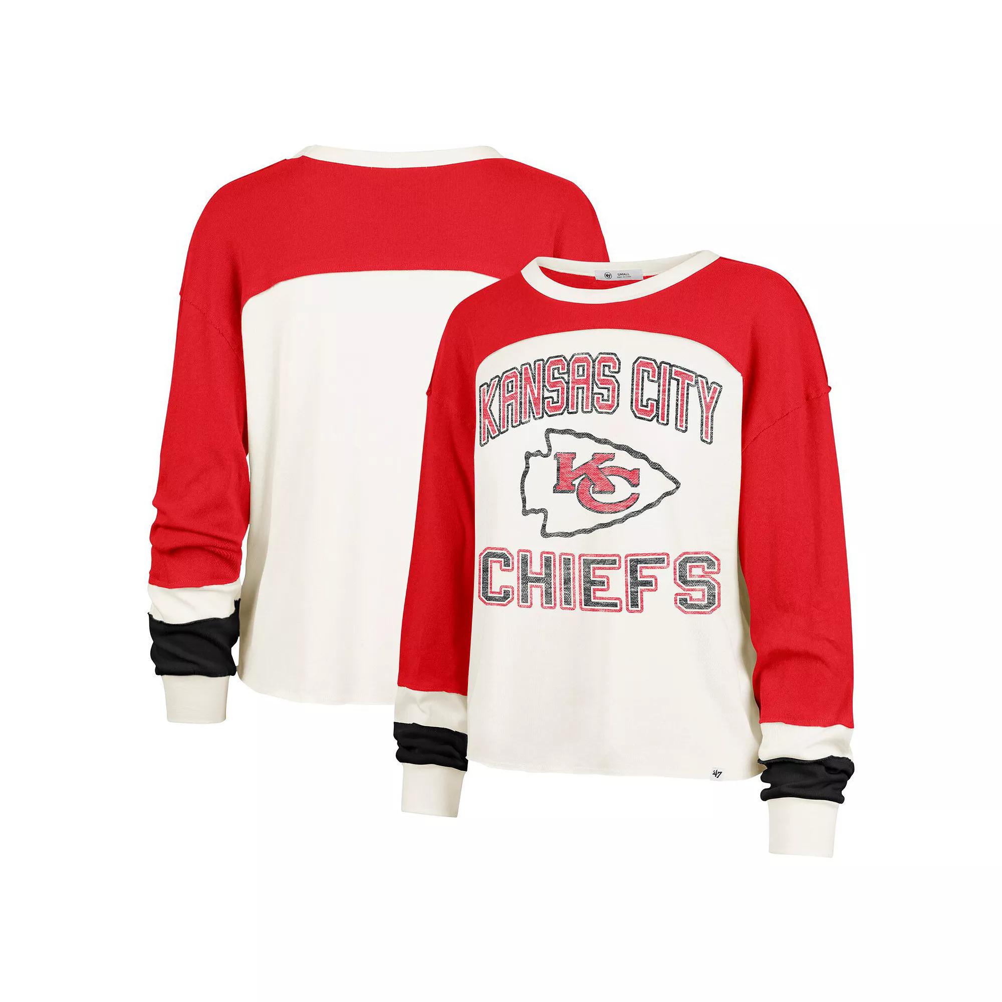 Women's '47 Cream Kansas City Chiefs Double Header Curve Raglan Long Sleeve Crop Top, Size: Large, Beige Product Image