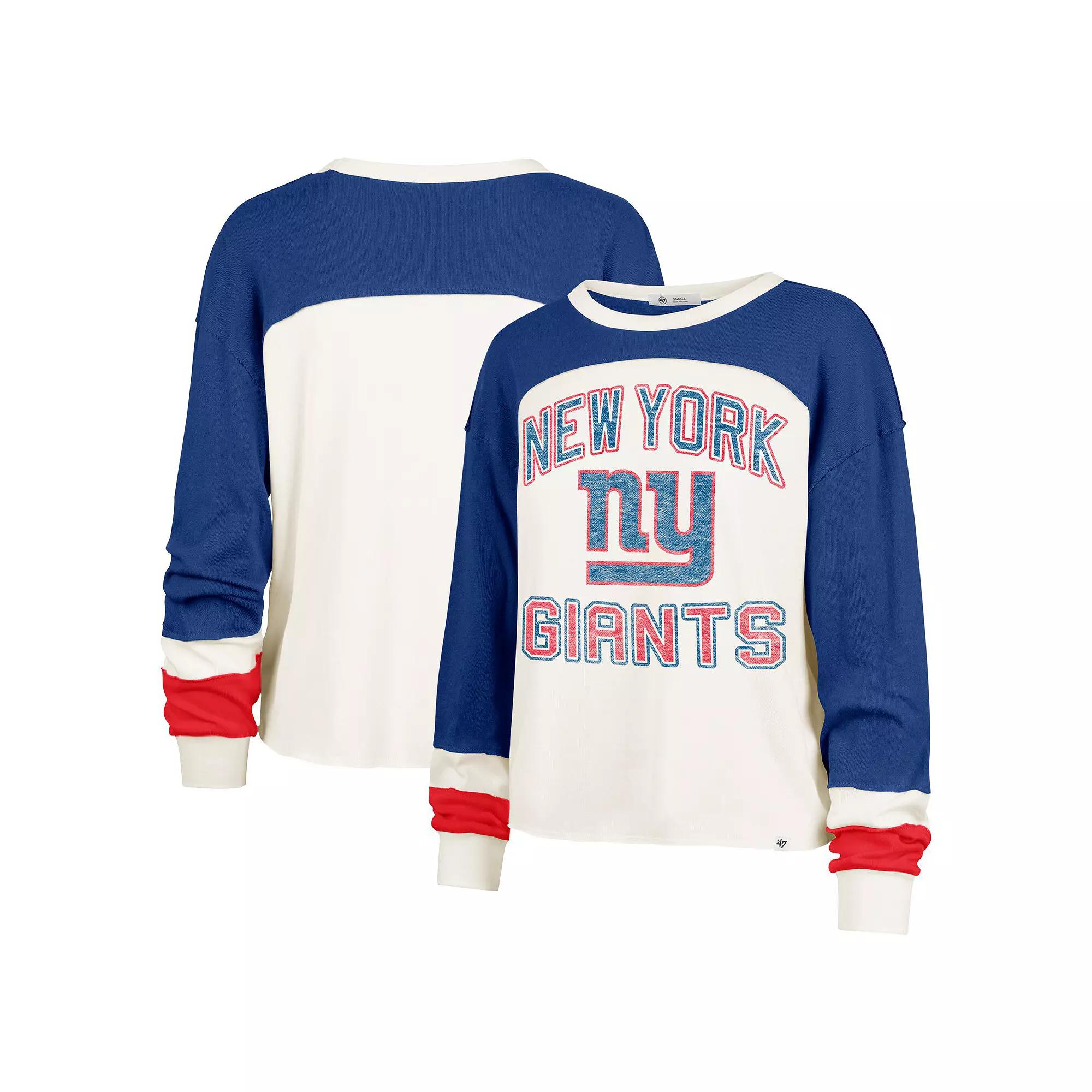 Women's '47 Cream New York Giants Double Header Curve Raglan Long Sleeve Crop Top,  Product Image