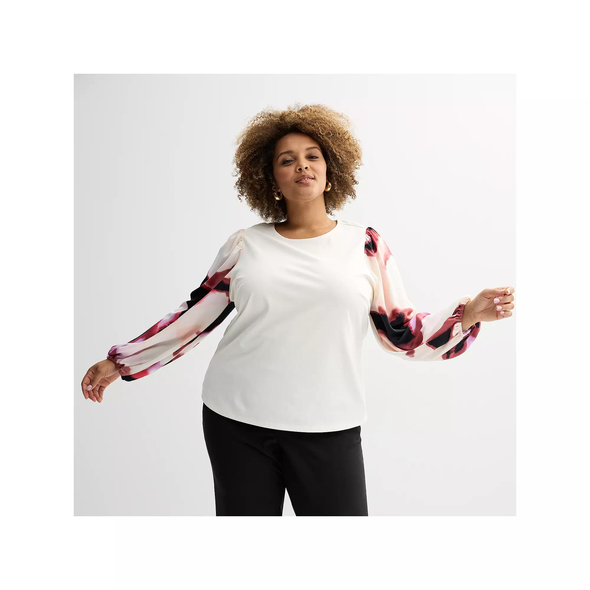 Plus Size Nine West Mixed Long Puff Sleeve Crewneck Top, Women's, Size: 2XL, Black Bold Leaf Product Image