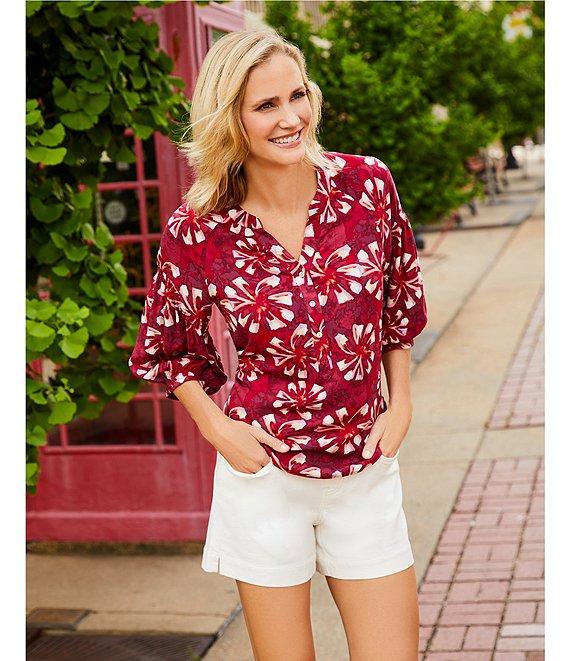 Westbound Petite Size Abstract Elbow Puff Sleeve Partial Button Front Top Product Image