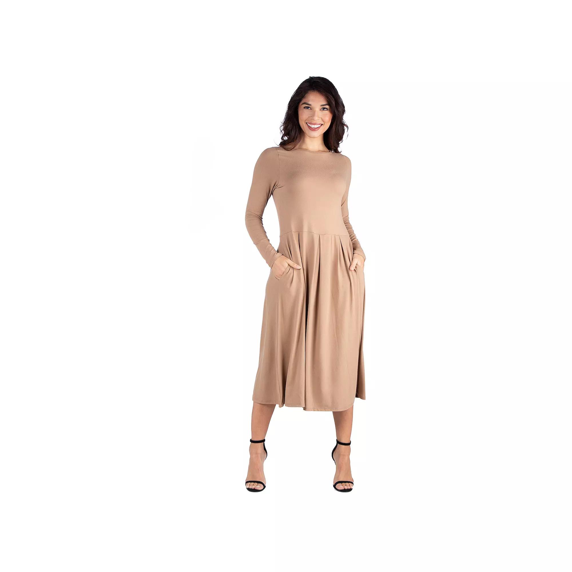 Women's 24Seven Comfort Apparel Long Sleeve Fit & Flare Dress with Pockets, Size: Medium, Beige Khaki Product Image