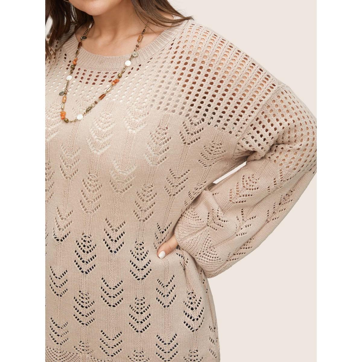 Plus Size Cotton Blended Pointelle Knit Round Neck Pullover Apricot Women Casual Long Sleeve Round Neck Everyday Pullovers BloomChic 30/6X Product Image