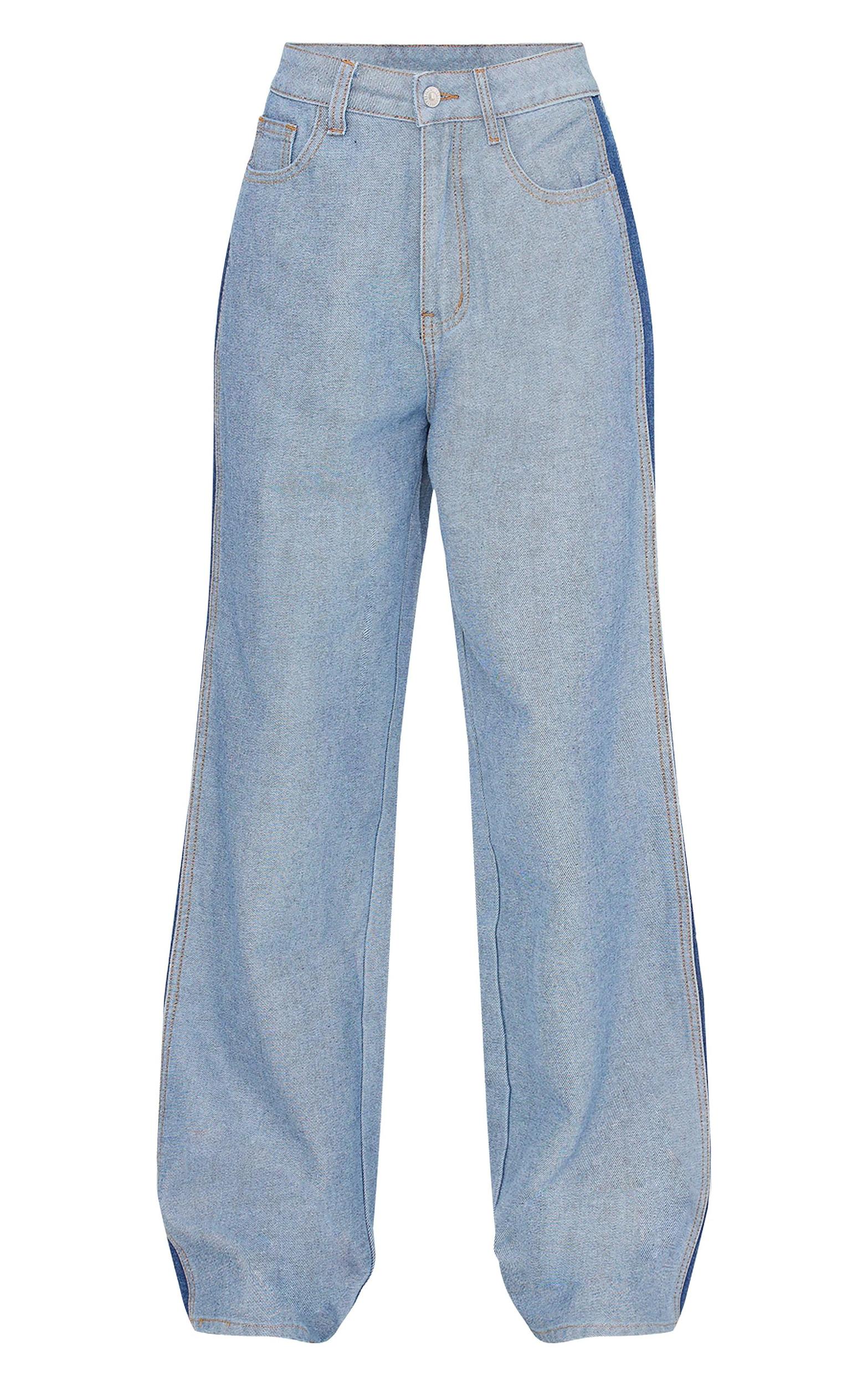 Mid Blue Wash Contrast Panel Denim Straight Leg Jeans Product Image