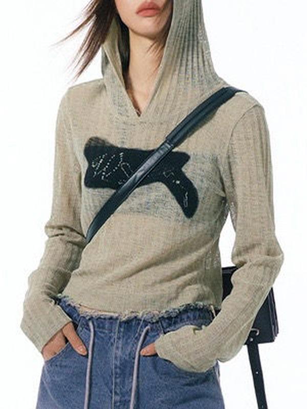 Print Patched Ribbed Design Thin Long Sleeve Knit Product Image