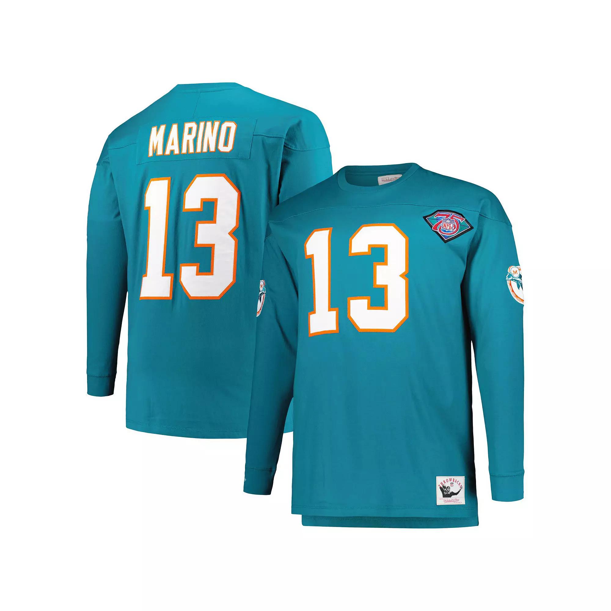 Men's Mitchell & Ness Dan Marino Aqua Miami Dolphins Big & Tall Cut & Sew Player Name & Number Long Sleeve T-Shirt,  Product Image