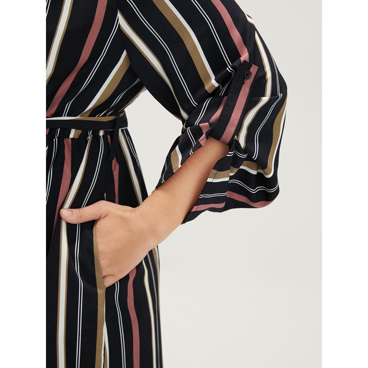 Plus Size Striped Lapel Collar Cuffed Sleeve Pocket Belted Arc Hem Dress DarkBlue Women Office Belted Lapel Collar Long Sleeve Curvy Midi Dress BloomChic 30/6X Product Image