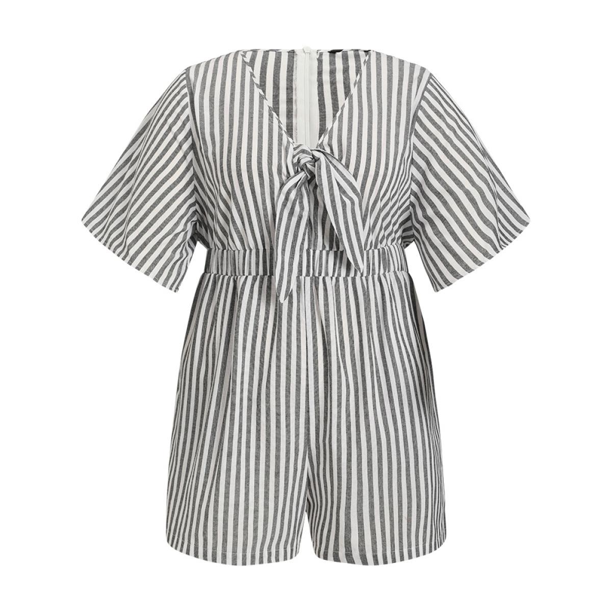 Plus Size Gray Striped Print Pocket Knot Flutter Sleeve Jumpsuit Women Elegant Half Sleeve V-neck Dailywear Loose Jumpsuits BloomChic 22-24/3X Product Image