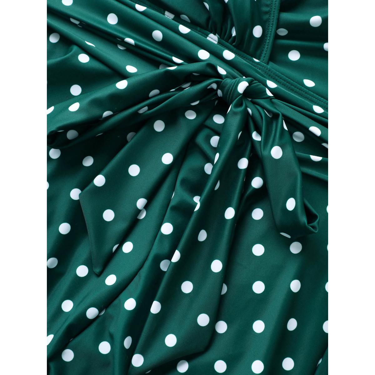Plus Size Overlap Collar Polka Dot Tie Knot Ruffles Swim Dress Women's Swimwear DarkGreen Beach Bodycon Overlap Collar High stretch Curve Swim Dresses BloomChic 10/M Product Image
