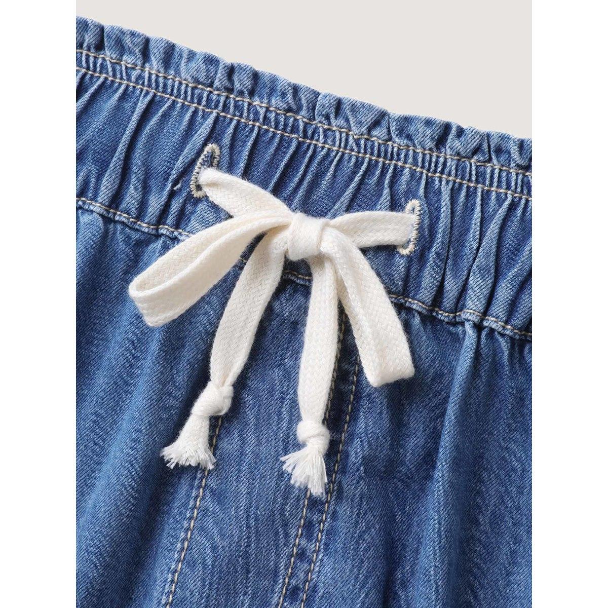 Plus Size Cotton Stretchy Waist Drawstring Classic Denim Shorts Women Midblue No stretch Casual Slanted pocket Leisure Denim Shorts BloomChic 18/2X Product Image