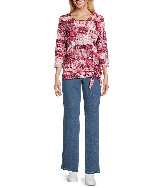Allison Daley Petite Size Rhubarb Paisley Tapestry Print 3/4 Sleeve Keyhole Neck Knit Top Product Image
