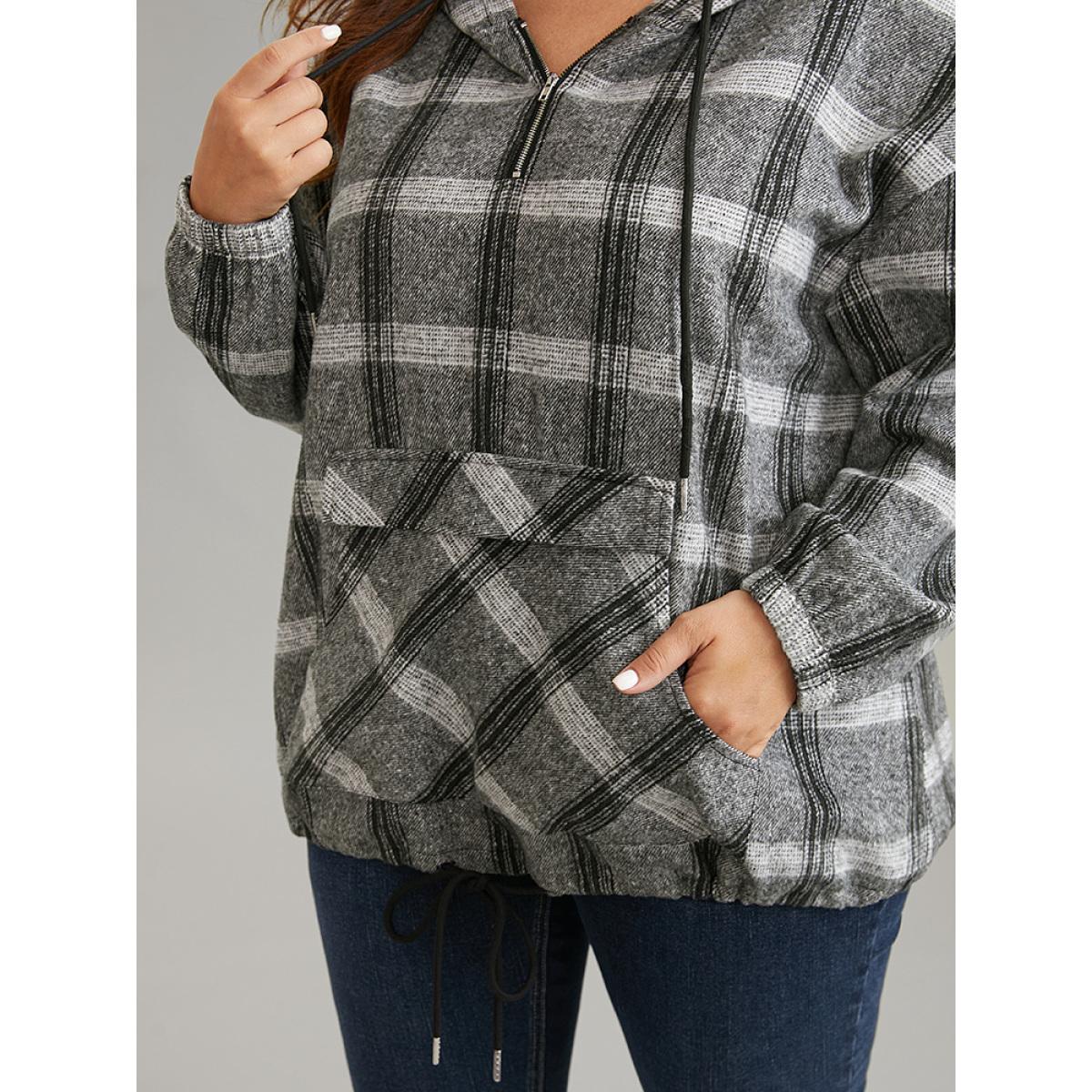 Plus Size Plaid Half Zip Pocket Hooded Sweatshirt Women DimGray Casual Elastic cuffs Hooded Everyday Sweatshirts BloomChic 14-16/1X Product Image