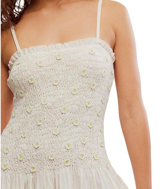 Free People Daphne Embroidered Floral Applique Square Neck Sleeveless Smocked Drop Waist Midi Dress Product Image
