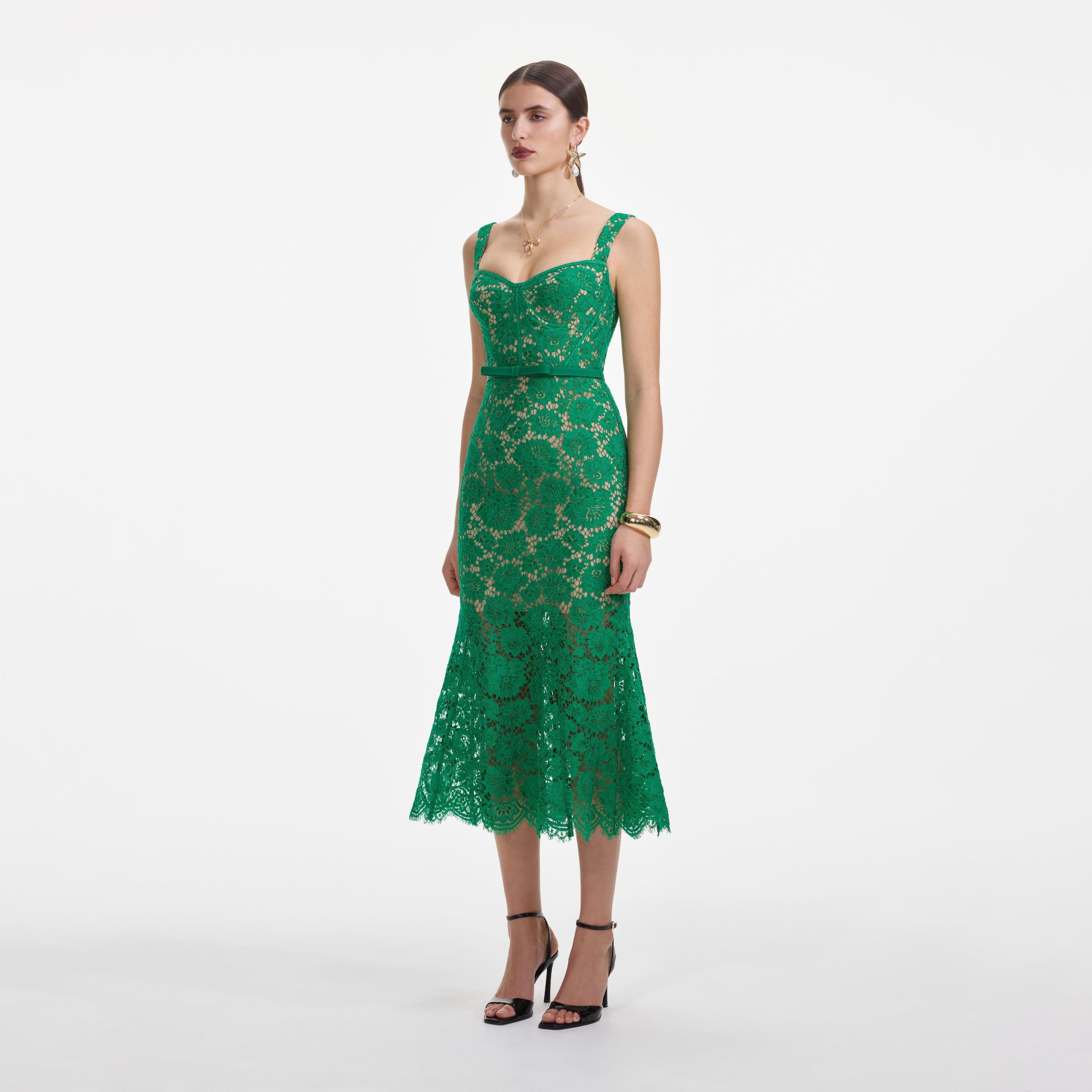 Green Fine Lace Midi Dress Product Image
