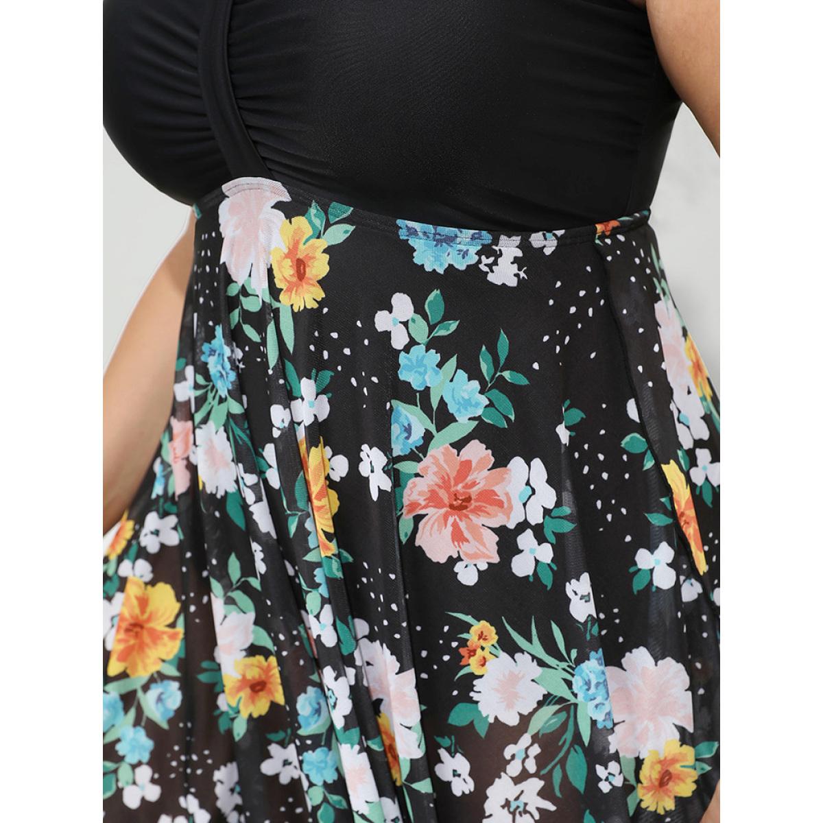 Plus Size Floral Patchwork Ruched Front Hanky Hem Swim Dress Women's Swimwear BlackFlower Vacation Bodycon High stretch Curve Swim Dresses BloomChic 10/M Product Image