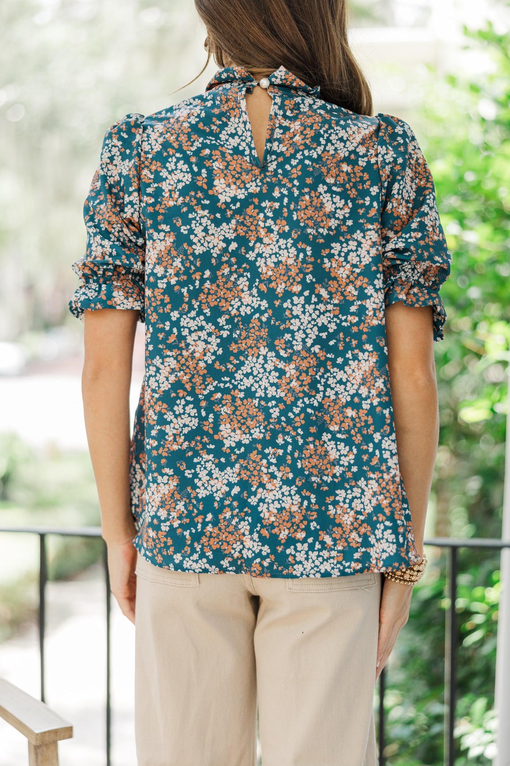 This Is The Time Teal Blue Ditsy Floral Blouse Female Product Image