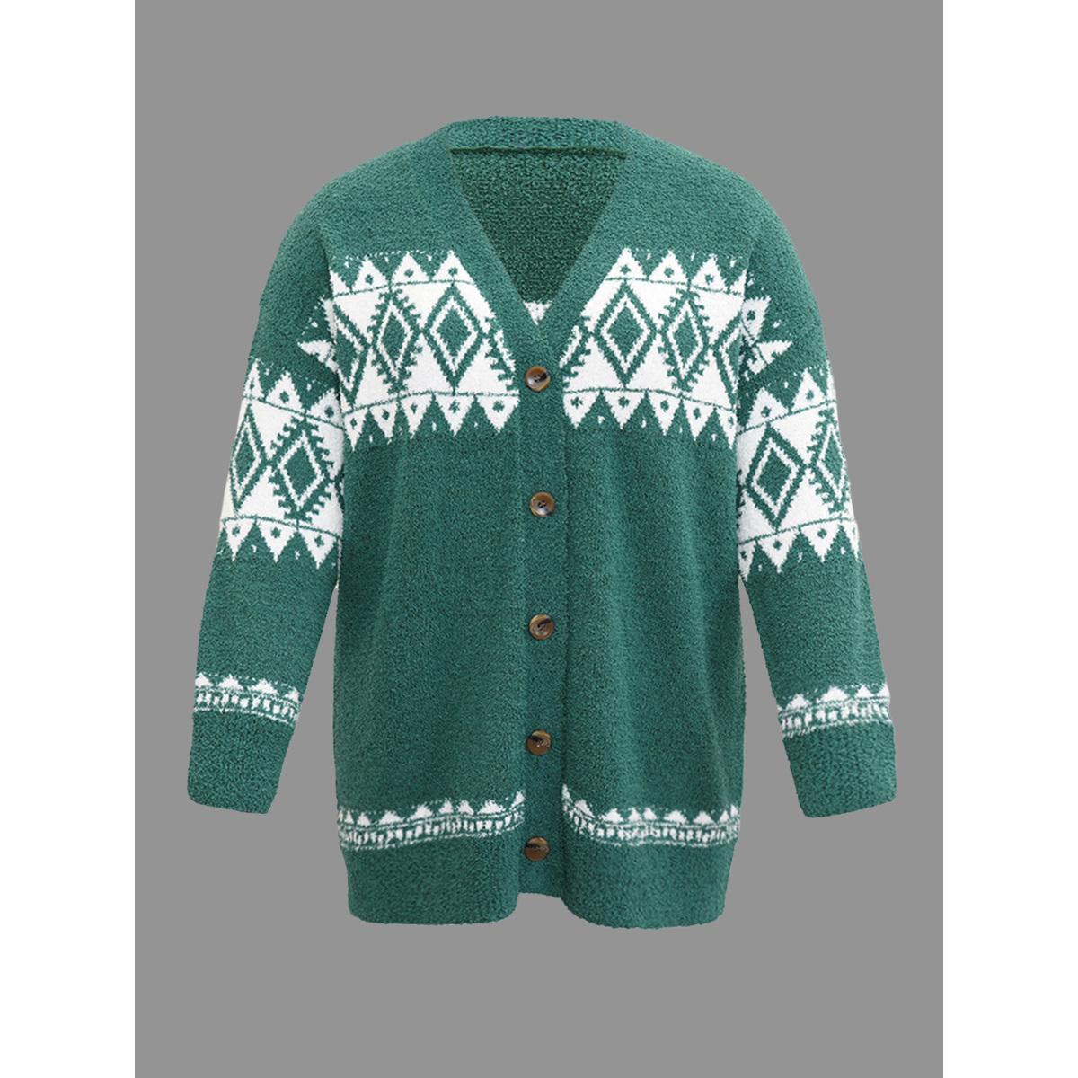 Plus Size Fuzzy Geo Graphic Button Fly Cardigan DarkGreen Women Casual Loose Long Sleeve Festival-Christmas Cardigans BloomChic 26/4X Product Image