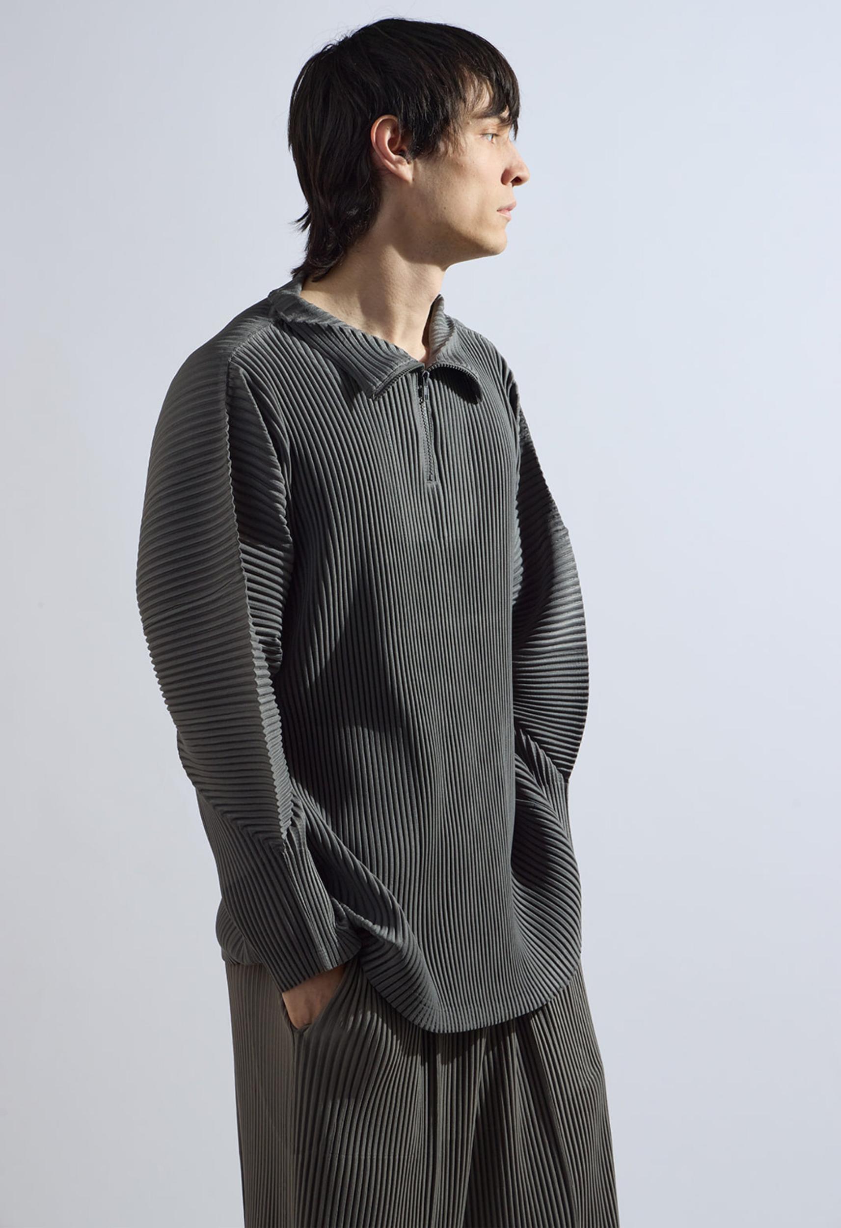 Pleated Zip Up Top in Grey Product Image