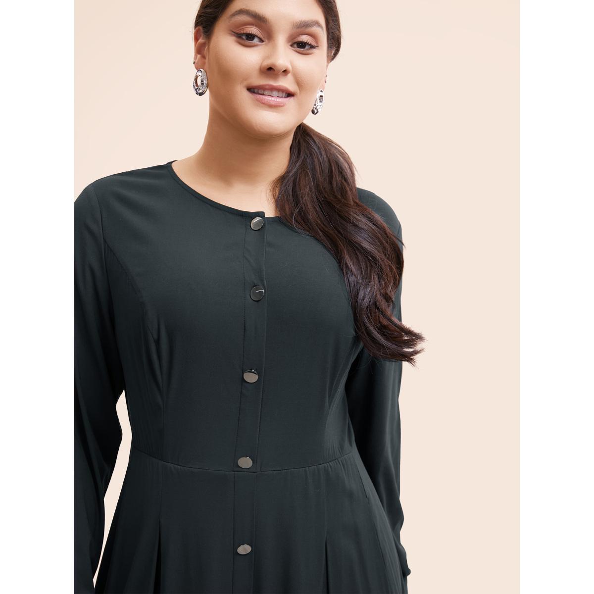 Plus Size Stretch Woven Button Pleated Midi Dress Black Women At the Office Pleated Round Neck Long Sleeve Curvy BloomChic 26/4X Product Image