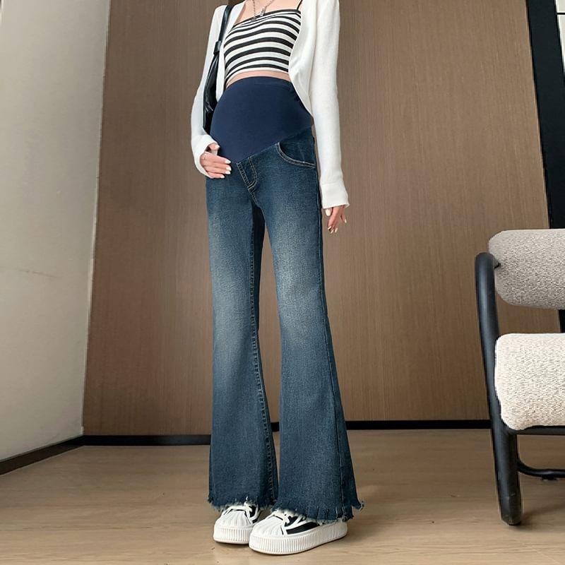 Maternity Elastic Waist Fray Flared Jeans Product Image