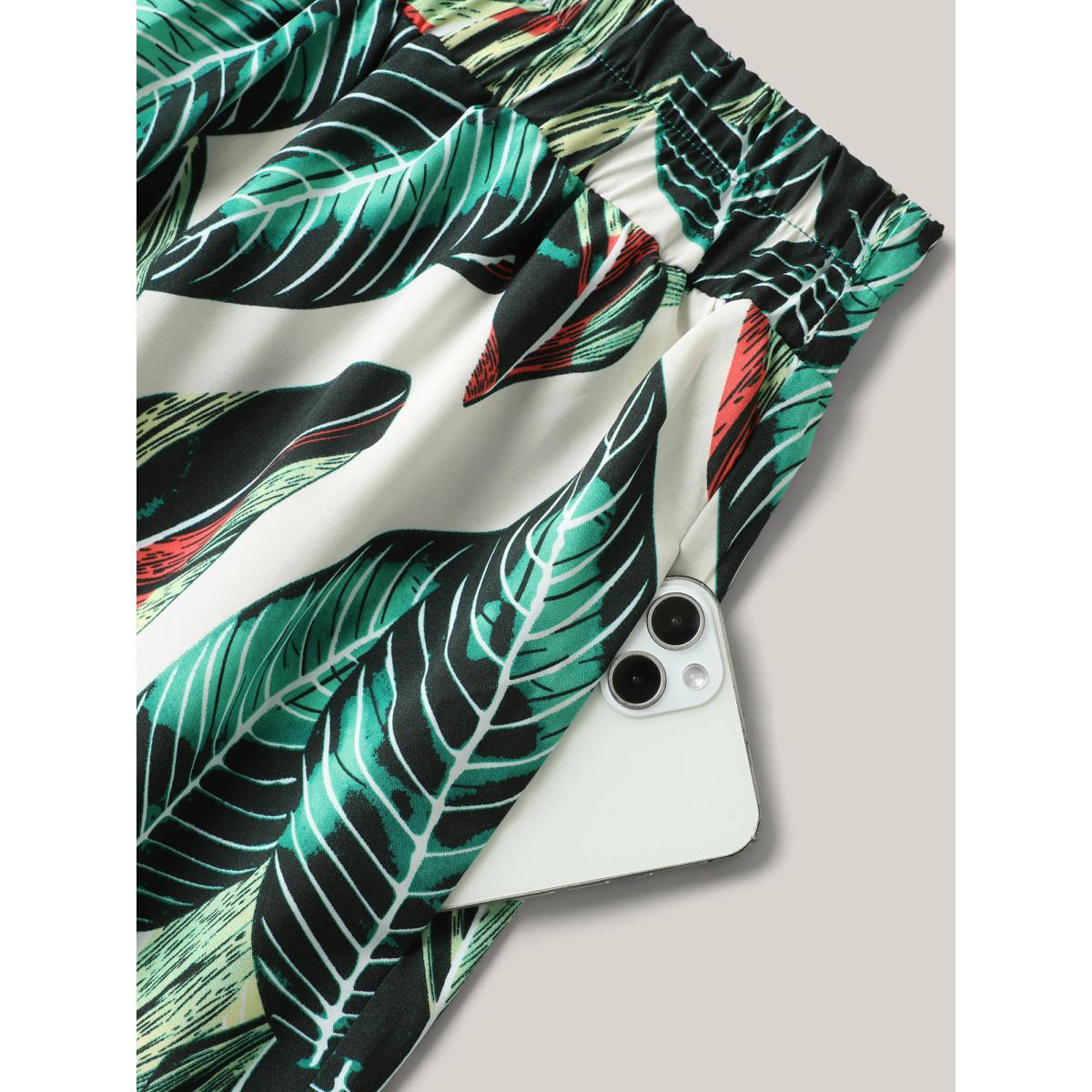 Plus Size Tropical Floral Pattern Tiered Midi Skirt Women Emerald Elegant Bodycon Low stretch Side seam pocket Belt Everyday Skirts BloomChic 26/4X Product Image