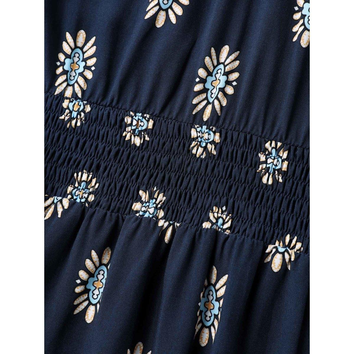 Plus Size Rayon Geometric Floral Print Shirred Midi Dress DarkBlue Women Office Notched collar Short sleeve Curvy BloomChic 18-20/2X Product Image