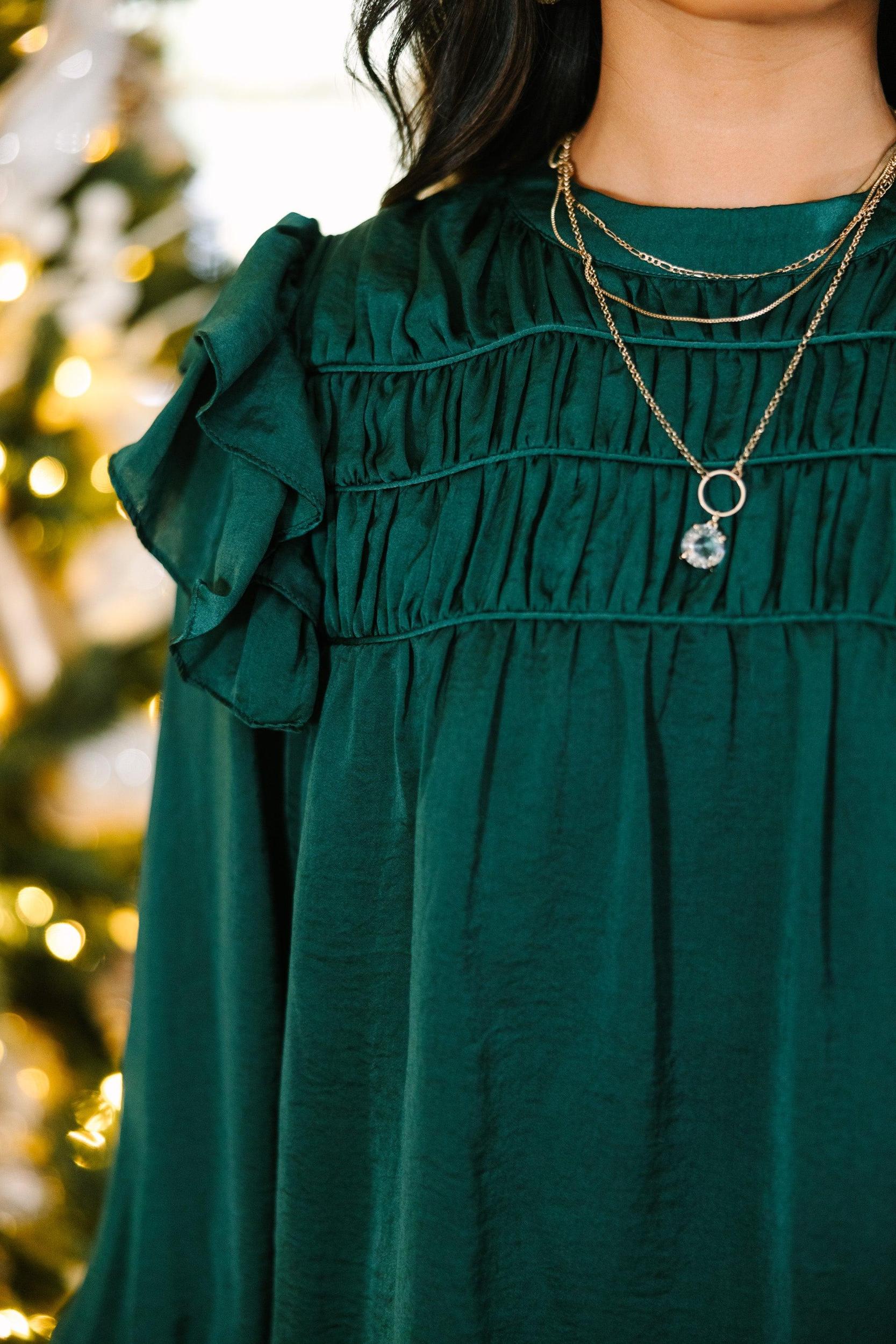 Going Out Hunter Green Ruffled Satin Blouse Female Product Image