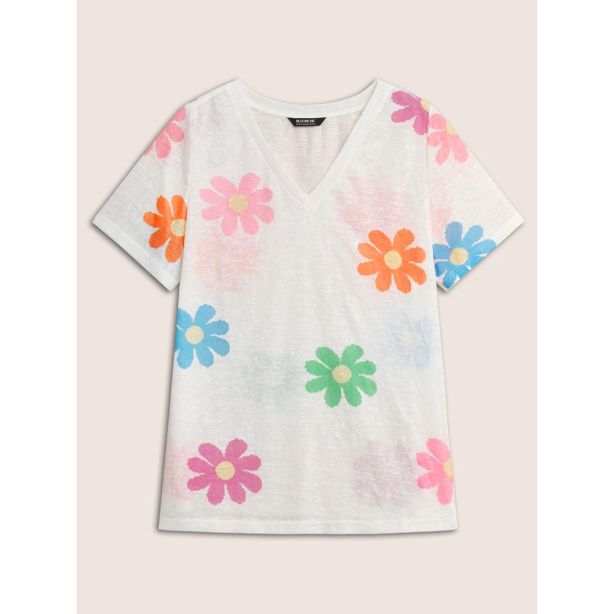 Plus Size Colored Floral V Neck See Through T-Shirt WhiteSmoke Women Playful See through Art&design V-neck Casual T-shirts BloomChic 10/M Product Image