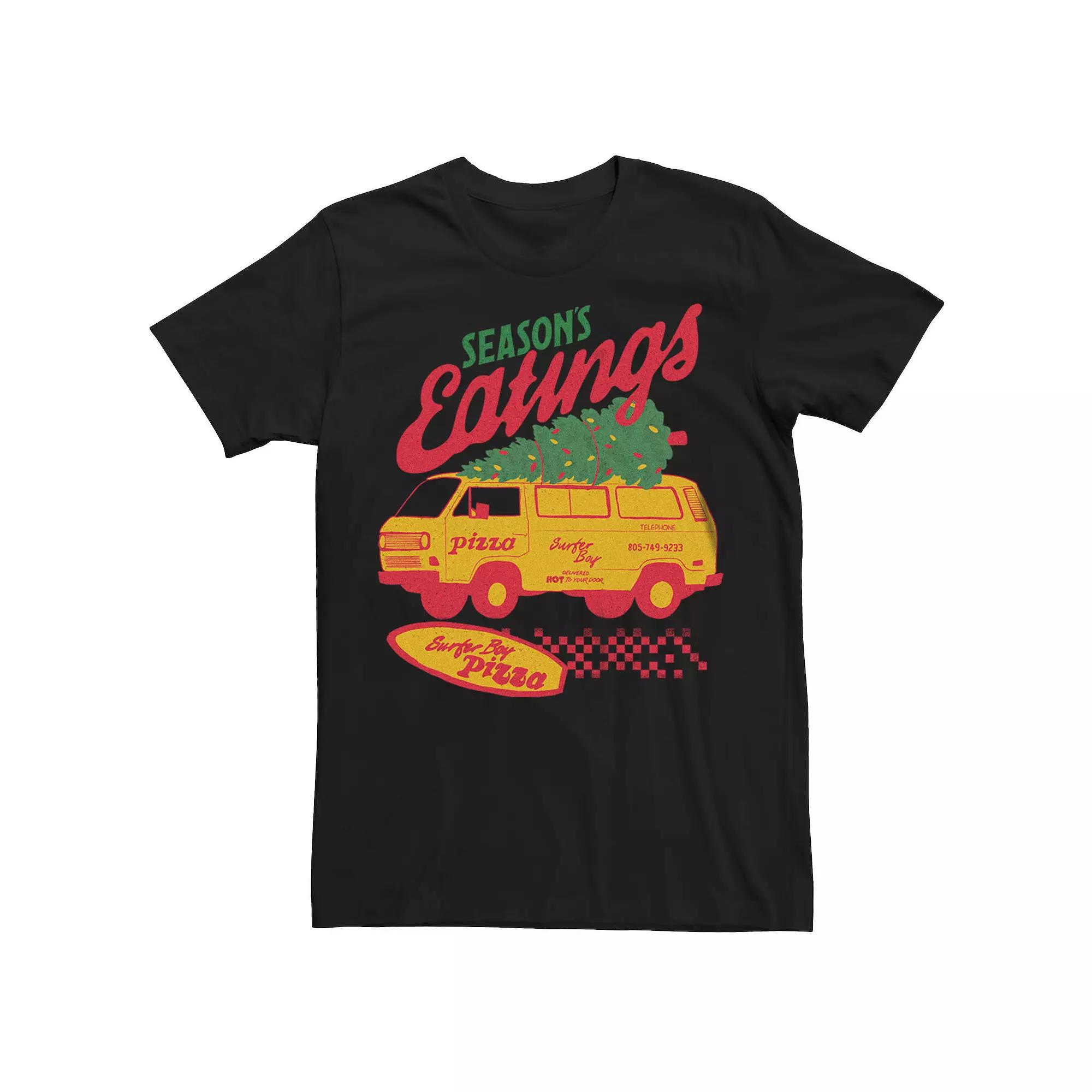Men's Stranger Things Surfer Boy Pizza Season's Greetings Graphic Tee, Size: Medium, Black Product Image