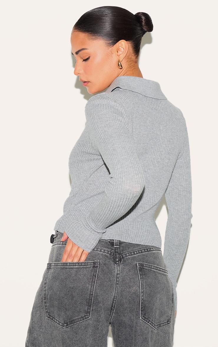 Petite Grey Knit Collared Longline Top Product Image