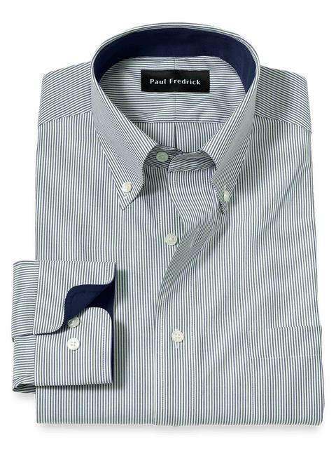 Non-Iron Cotton Stripe Dress Shirt With Contrast Trim - Green Product Image
