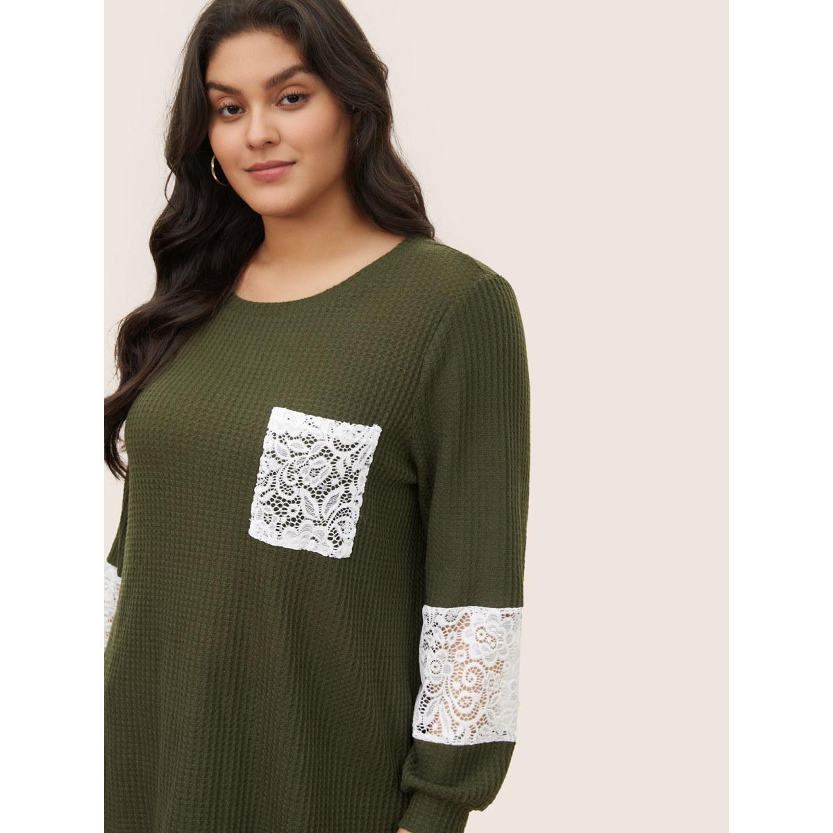 Plus Size Waffle Knit Contrast Lace Patchwork T-shirt ArmyGreen Women Elegant Contrast Plain Round Neck Everyday T-shirts BloomChic 12/L Product Image