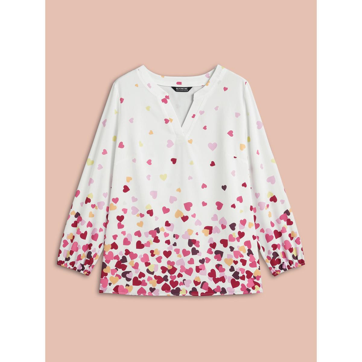 Plus Size WhiteSmoke Notched Collar Multi-Color Hearts Blouse Women Timeless Extra Long Sleeve Flat collar with V-notch Elegant Blouses BloomChic 14-16/1X Product Image