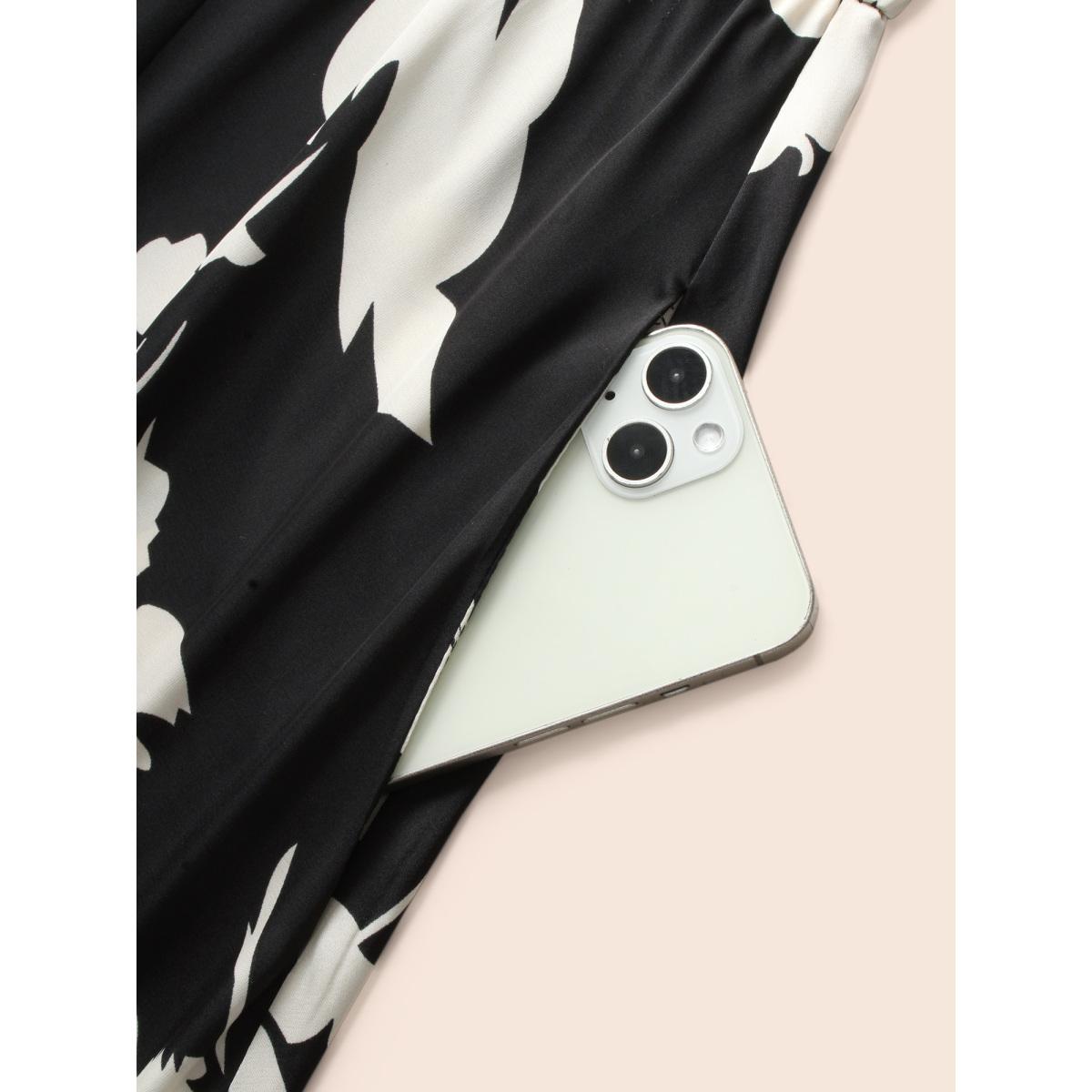 Plus Size Overlap Collar Silhouette Floral Print Gathered Dress Black Women Elegant Slit Overlap Collar Long Sleeve Curvy BloomChic 26/4X Product Image