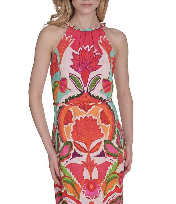 Vince Camuto Printed Halter Neck Sleeveless Belted Maxi A-Line Dress Product Image