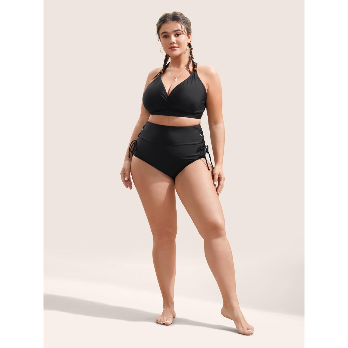Plus Size Plain Lace Up Side Skinny Swim Bottom Women's Swimwear Black Beach Non High stretch Skinny High Rise Curve Swim Bottoms BloomChic 12/L Product Image