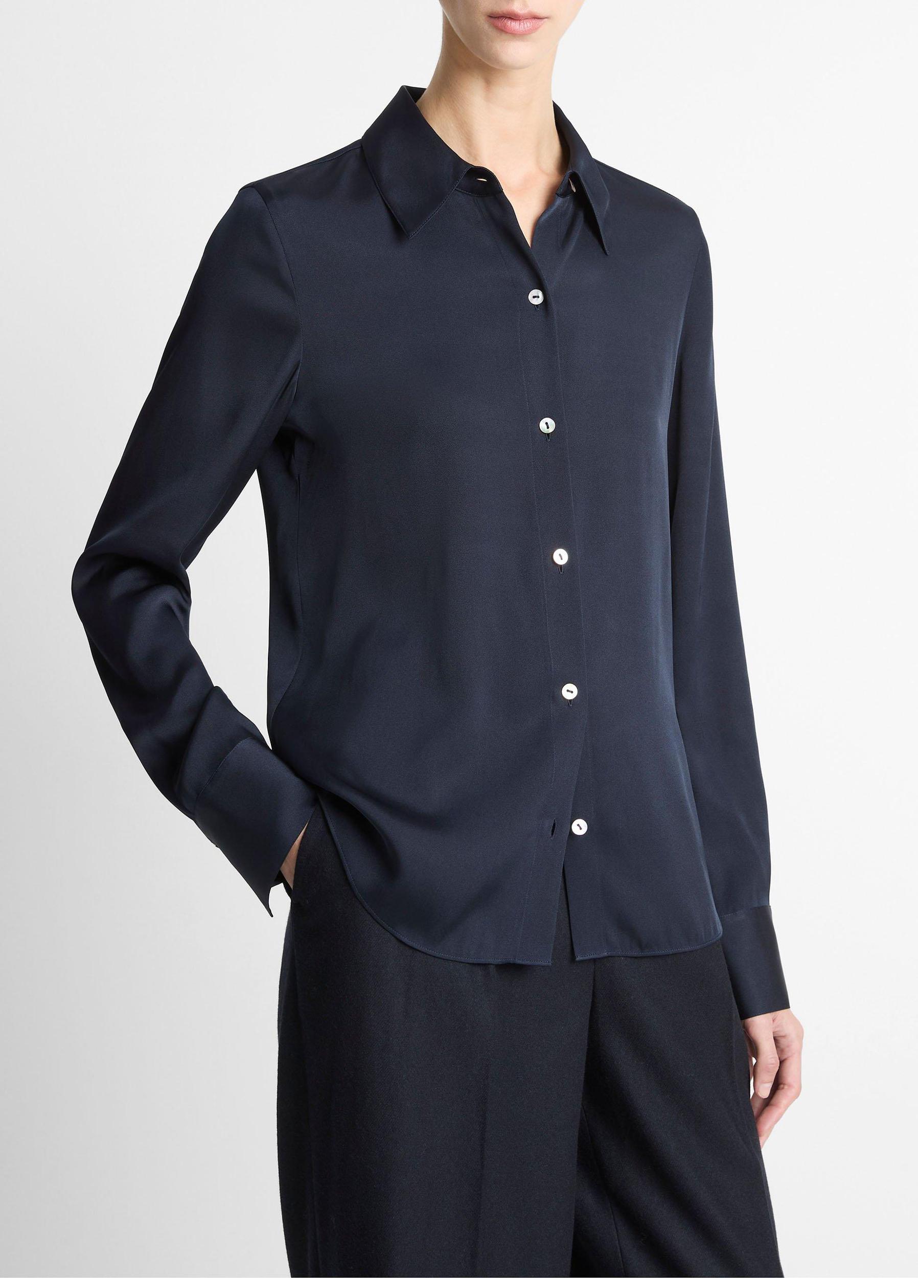 Silk-Blend Slim Button-Front Blouse Product Image