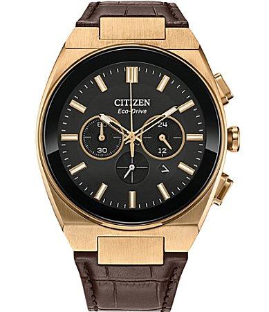 Citizen Mens Eco-Drive Axiom Gold Stainless Steel Chronograph Brown Leather Strap Watch - CA4583-01E Product Image