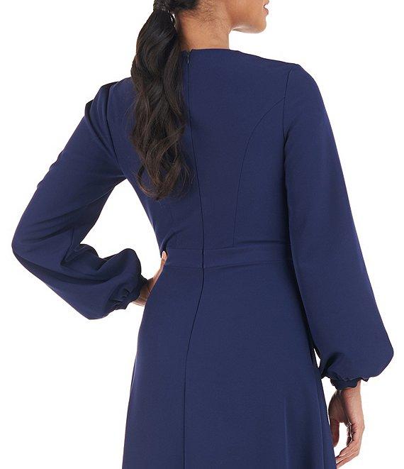 Kay Unger Ruched Jewel Neck Long Blouson Sleeve Stretch Crepe Gown Product Image