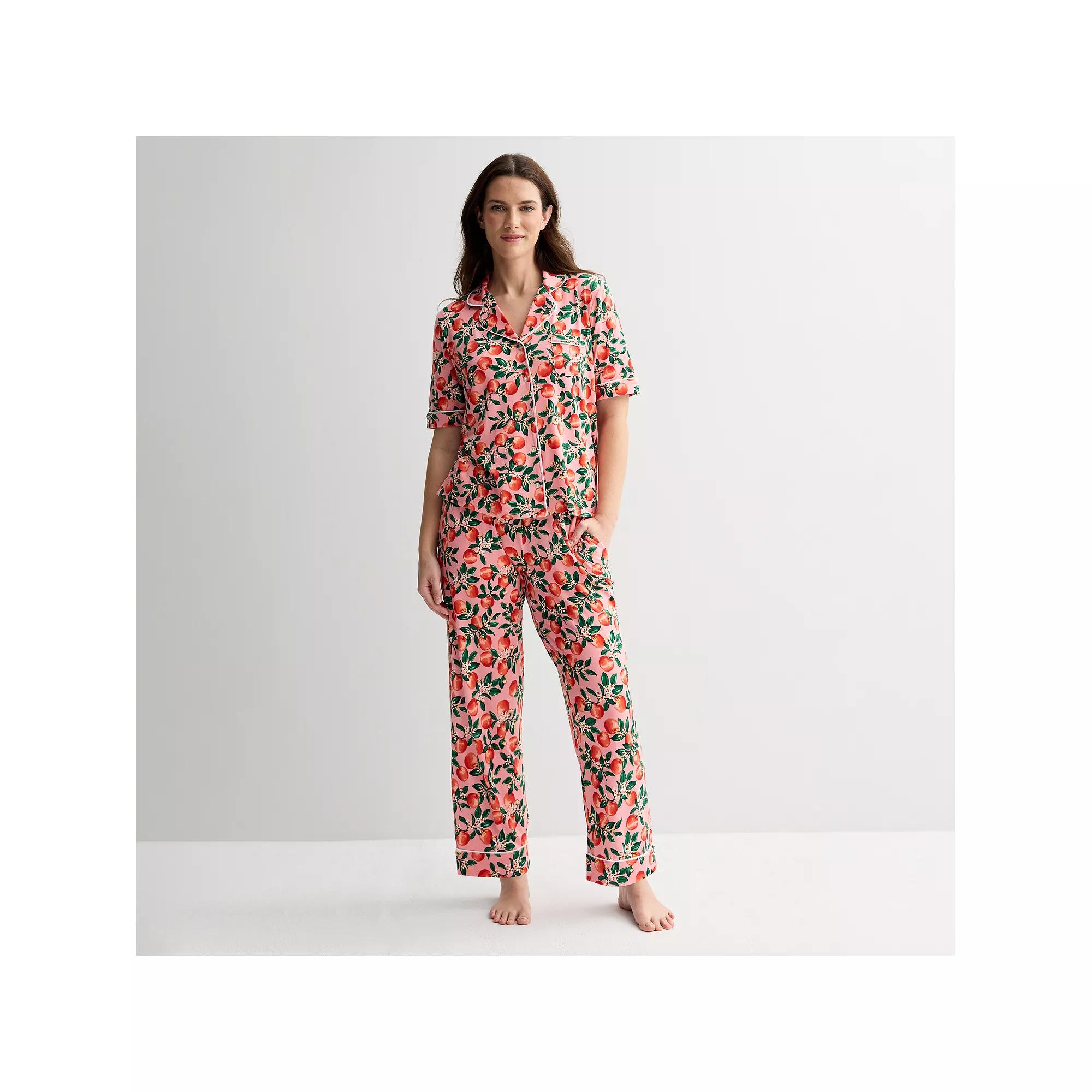 Women's Draper James 2-Piece Cozy Elbow Sleeve Notch Pajama Top and Pajama Pants Set, Size: XS, Peony Apple Blossom Product Image