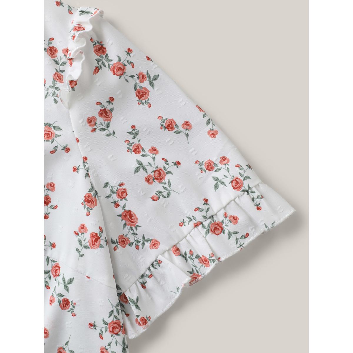 Plus Size Ivory Rosy Print Notched Collar Flowy Blouse Women Half Sleeve Notched collar Everyday-Elegant Blouses BloomChic 12/L Product Image