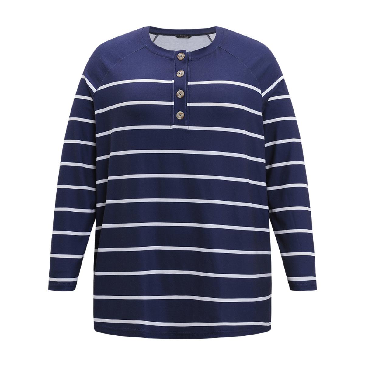Plus Size Striped Button Up Crew Neck Raglan Sleeve T-shirt Blue Women Casual Button Striped Open Front Dailywear T-shirts BloomChic 10/M Product Image