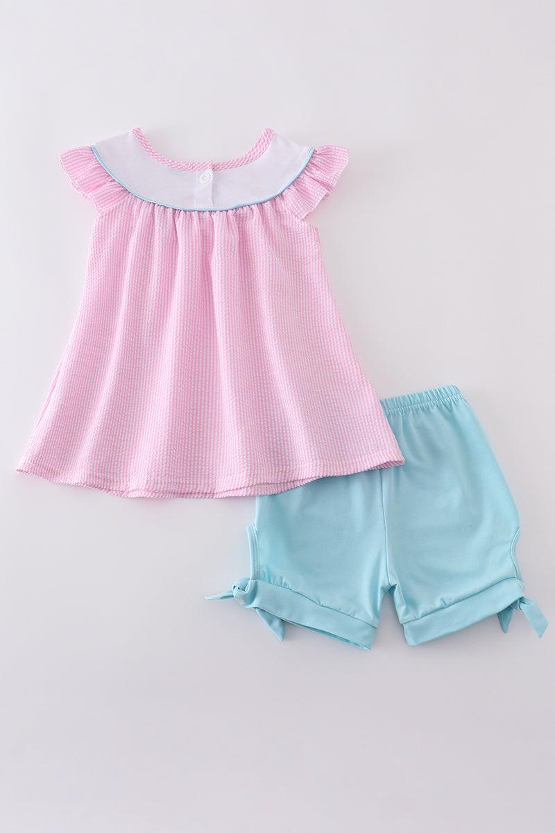 Pink seersucker animal embroidery set Product Image