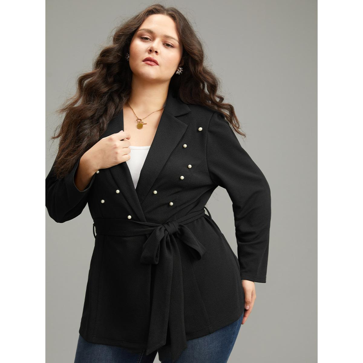 Plus Size Pearl Beaded Belted Blazer Black Women Dailywear Plain Beaded Sleeve Long Sleeve Suit Collar 22-24/3X Belt Elegant Blazers BloomChic Product Image