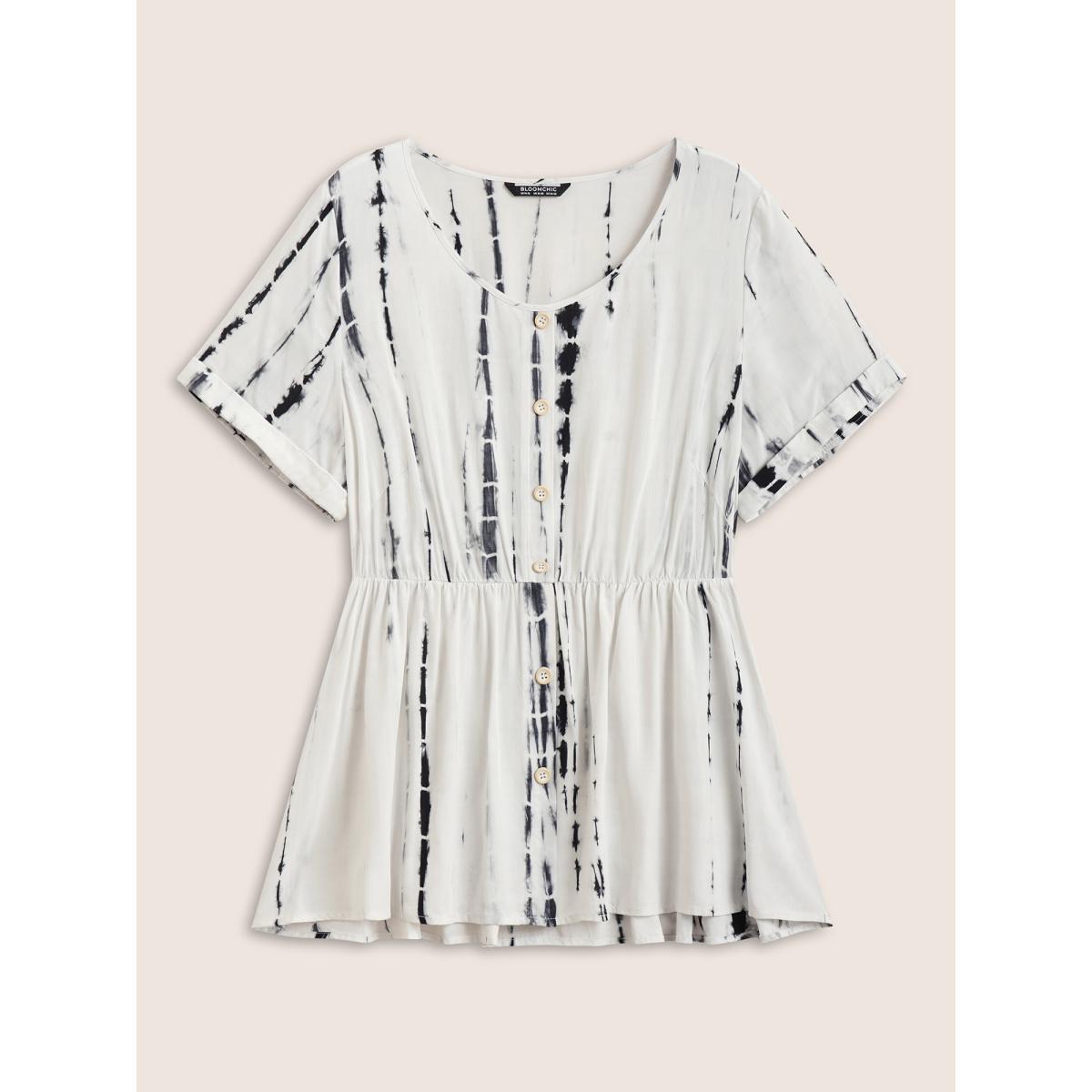 Plus Size Black Round Neck Tie Dye Button Detail Blouse Women Casual Short sleeve Round Neck Everyday Blouses BloomChic 14-16/1X Product Image
